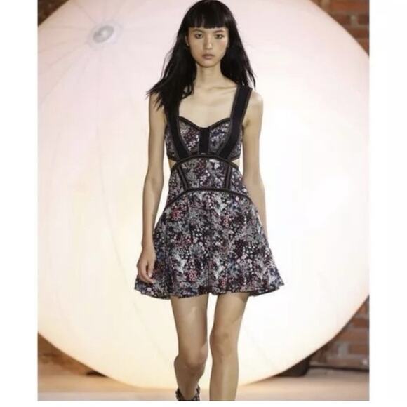 Self Portrait Black Multi Floral Jacquard Mini Dress Cutout Fit & Flare Size 6 - Picture 1 of 15